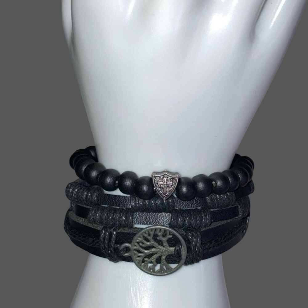 3Pc Men Women Black Braided Faux Leather & Bead Bracelet Set Tree of Life NEW